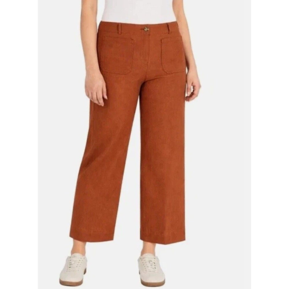 Hilary Radley Linen Blend Wide Leg Pants Size 4 Burnt Orange High Rise Crop New